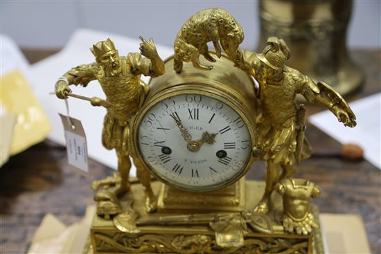 Viger of Paris. A Louis XVI ormolu and white marble mantel clock, height 14in.